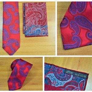 $590 New BRIONI Blue Red Paisley Micro Handmade Silk Tie Pocket Square Set Gift